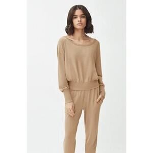 Cuyana French Terry Boatneck Cinched Waist Relaxed Sweatshirt Camel Brown L